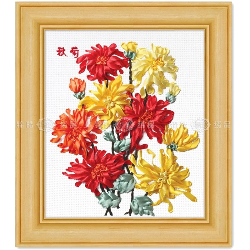 30X35cm fall mums Ribbon embroidery kit needlework craft sew supply DIY Handmade Embroidery | Дом и сад