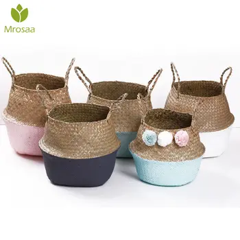 

Handmade Storage Baskets Foldable Laundry Straw Patchwork Wicker Rattan Seagrass Belly Garden Flower Pot Planter Bamboo Baskets