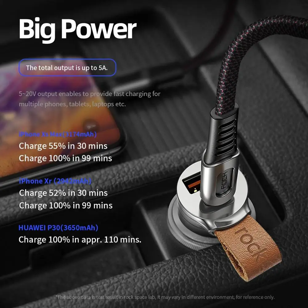Pаспродажа ROCK QC4.0 автомобильное зарядное устройство 30 Вт USB C PD QC3.0 30 Вт 5A быстрое зарядное устройство с поясом двойные usb порты мини автомобильный телефо...
