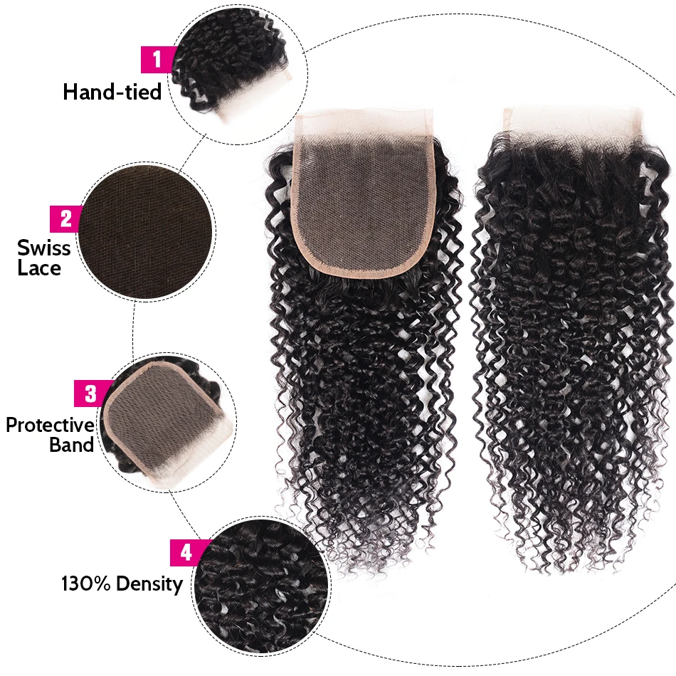 Волосы UNICE кудрявые Закрытие 4*4 свободная часть Remy человеческие волосы Пряди 10-20 дюймов швейцарское кружево Закрытие натуральный цвет