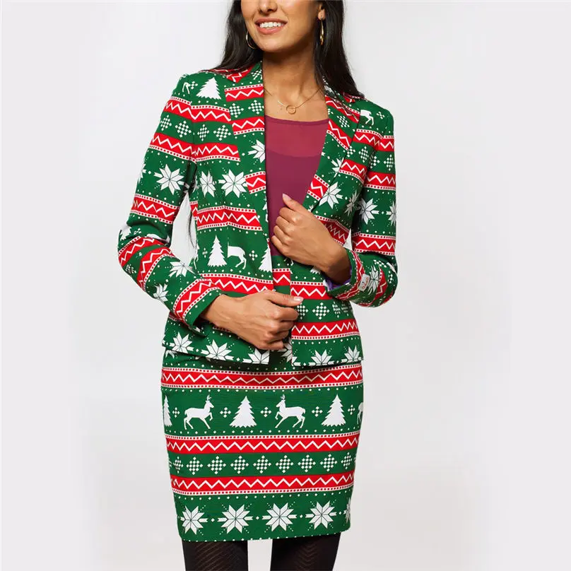 2PC Christmas Women's Autumn And Winter Set Long Sleeve Christmas Fashion Suit Coat + Mini Skirt Suit Women Sets 4O21 (22)