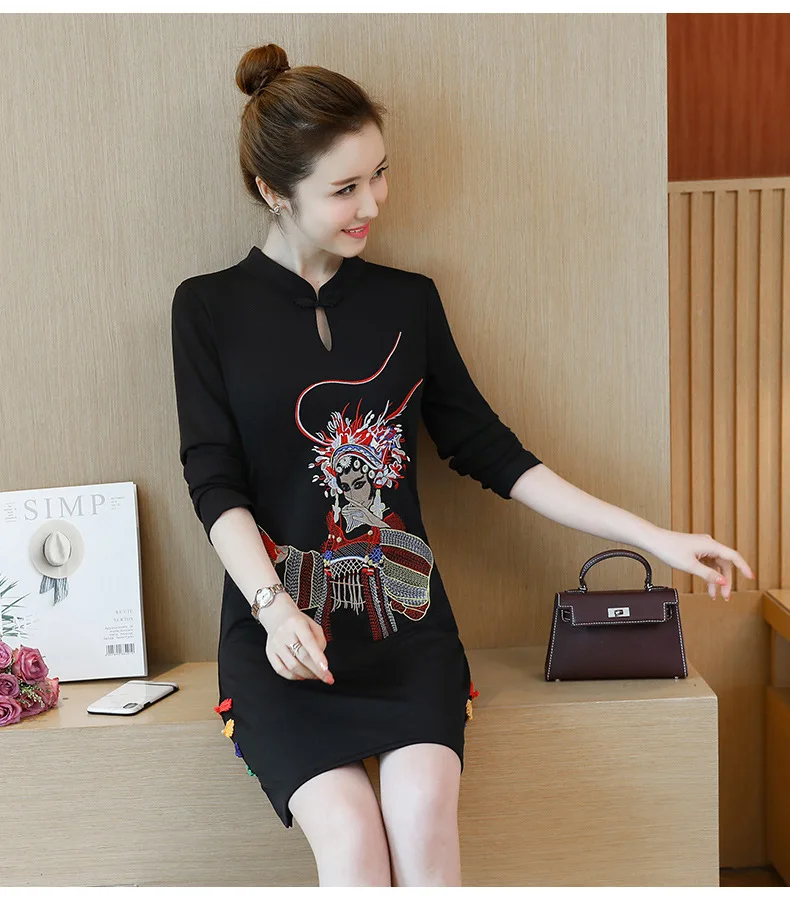 Осень, стиль, женское платье, улучшенная серия, Cheongsam, приталенное, для похудения, этнический стиль, воротник-стойка, длинный рукав, вышивка
