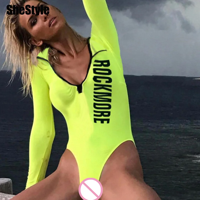 Shstyle, на молнии, с буквенным принтом, неоновые стринги, боди для женщин, с длинным рукавом, бодикон, сексуальная уличная одежда, боди с имитацией шеи,, модная одежда