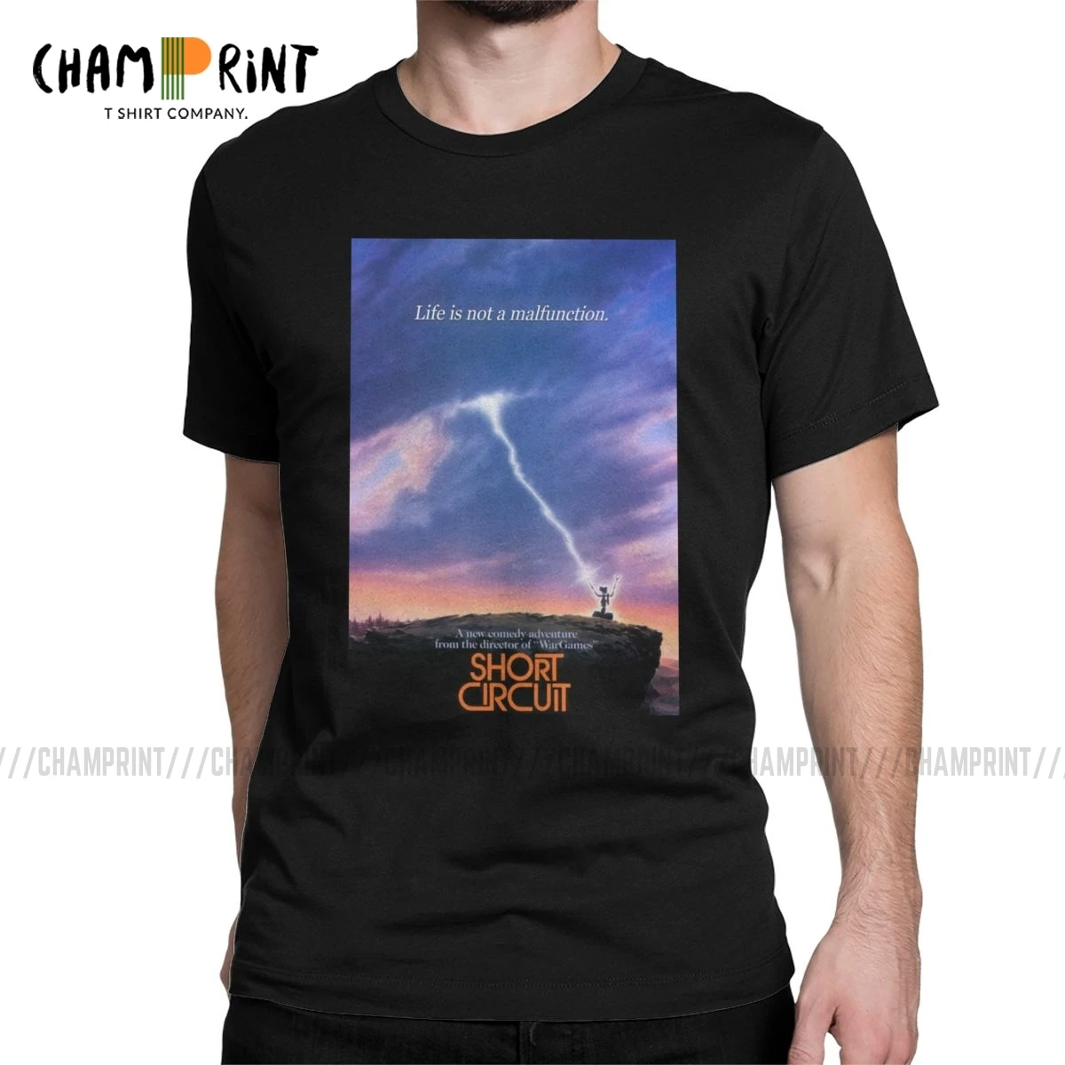 Short Circuit T Shirts for Men Cotton Fun T-Shirt Round Neck Johnny 5 80s Retro Robot Movies Tee Shirt Sleeve Tops Party | Мужская