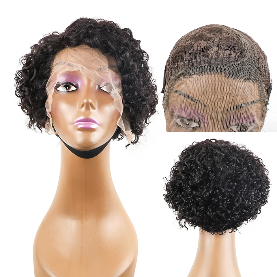 Corte de Cabelo Humano para as Mulheres Perucas Encaracoladas Curto Pixie Natural Preto Remy 150% Densidade Glueless Barato Parte Lateral Humanas 13 High Quality Apliques e perucas