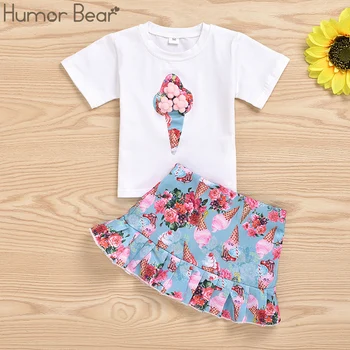 

Humor Bear Girls Clothing Set Cute New Summer Toddler Kids Short Sleeve Ice Cream Print Top T-shirt & Skirts Outfit Clothes Sets