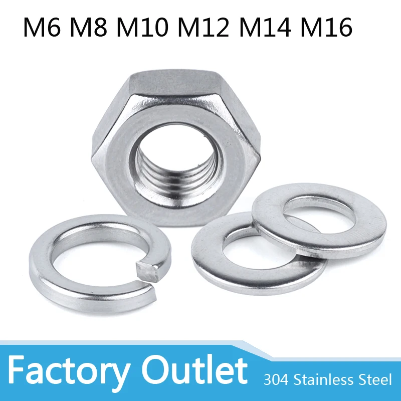 

M6 M8 M10 M12 M14 304 stainless steel screw nut hex nut flat washer gasket spring washer gasket