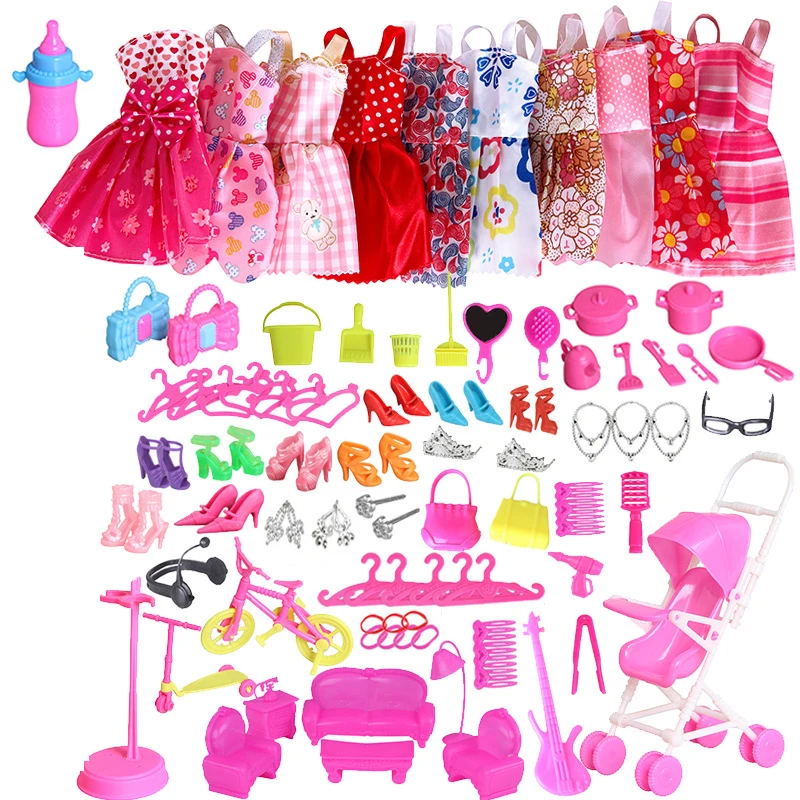 

60 Item/Set Mix Doll Accessories 10Pcs Handmade Fashion Outfit Dress Furniture Pretend Play Toy Hangers Sofa Shoes Rack for Doll