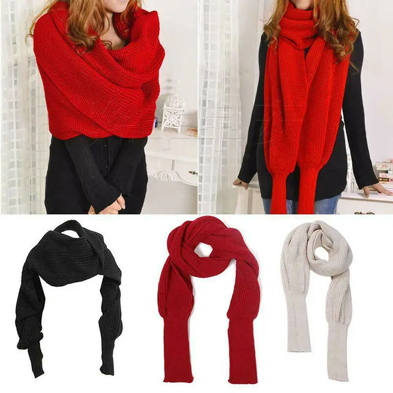 Новинка унисекс женский вязанный шарф с рукавами длинный для женщин шали обертывание сплошной зимний теплый шарф