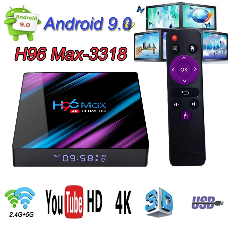 H96 Max 3318 Android 9,0 Смарт ТВ приставка 4K H.265 WiFi 2,4G/5G Bluetooth 4,0 64 GB Поддержка ip tv подписка медиаплеер