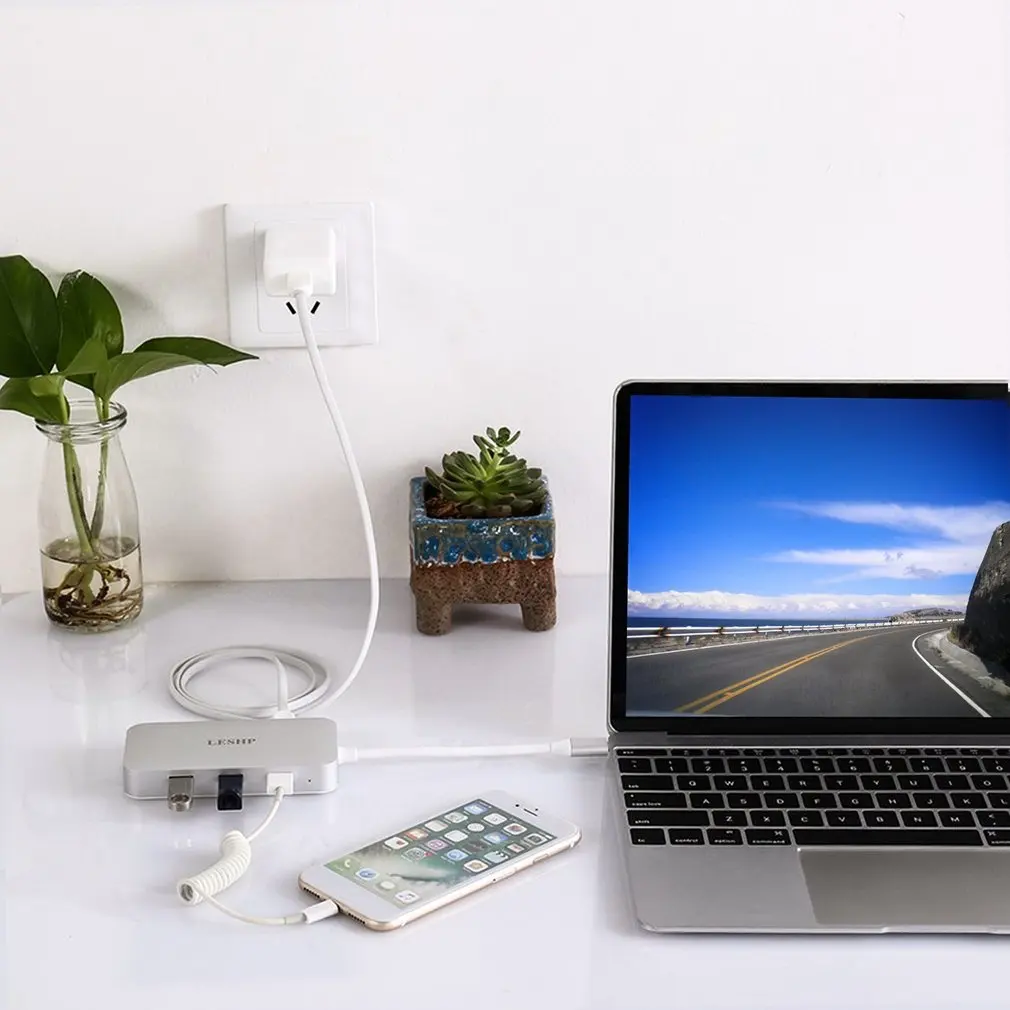 LESHP алюминиевый белый тип-c к USB-3.0 3 портовый концентратор RJ45 гигабитный HDMI 4 к PD зарядка цифровой AV конвертер адаптер