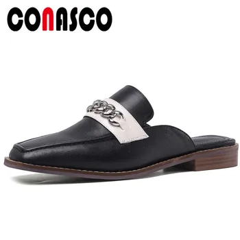 

CONASCO Summer New Concise Casual Women Genuine Leather Sandals Mule Slippers Pumps Metal Chain Square Toe Low Heels Shoes Woman