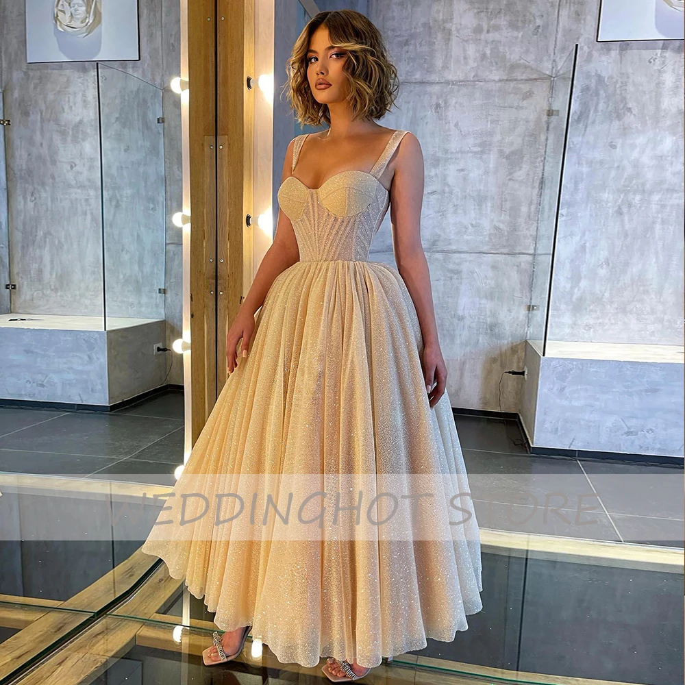 evening wear Sequin Tulle Evening Dresses 2021 Women Simple Sweetheart A-Line Prom Gowns Sexy Spaghetti Strap Party Dress robes de soirée long sleeve formal dresses