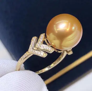 

D330 Pearl Ring Fine Jewelry Solid 18K Gold Natural 11-12mm Ocean Sea Round Golden Pearl Rings for Women Presents