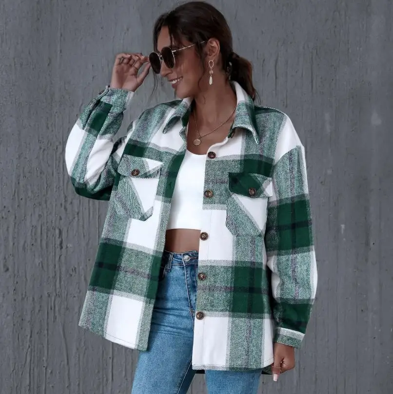 2020 Autumn Casual plaid shirt women coats Buttons pockets female jackets coat Streetwear ladies spring Loose coats outerwear