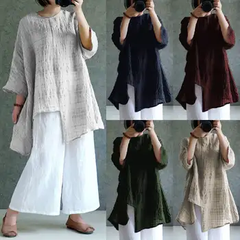 

ZANZEA Women Linen Blouse Top Plus Size S-5XL 2020 Summer Long Sleeve Plaid Vintage Split Baggy Blusa Femininas Oversized Shirt