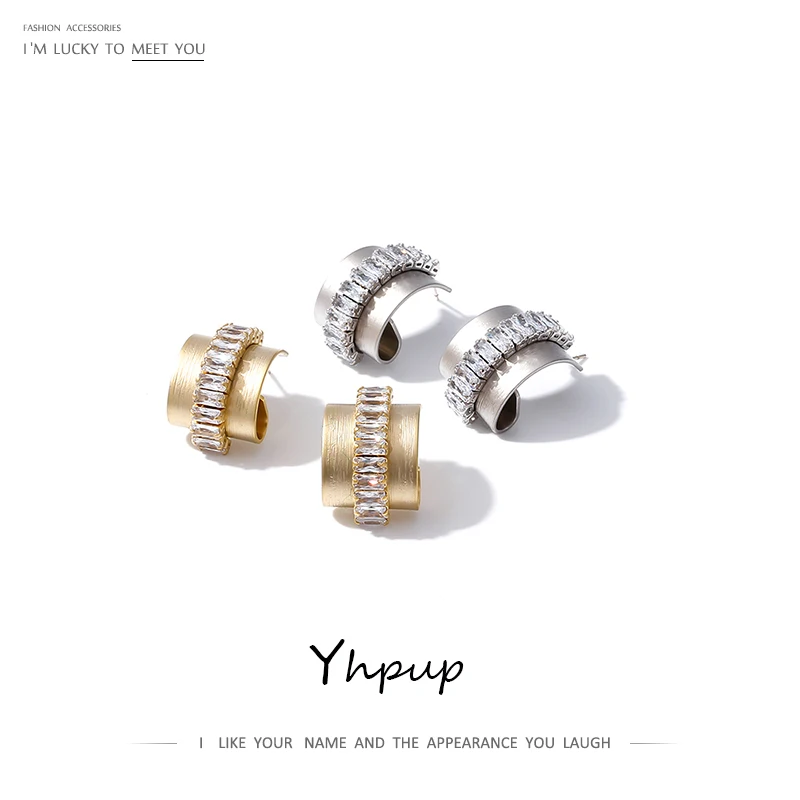 

Yhpup Personality Copper Bend Geometric Stud Earrings Luxury Bling Zirconia High Quality Earrings for Women Party Jewelry S925