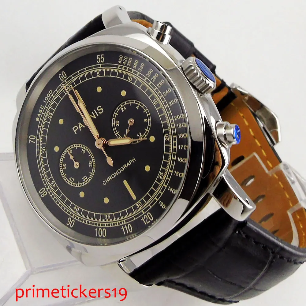 

Yellow hands 44mm Parnis black dial solid case full Chronograph quartz mens watch