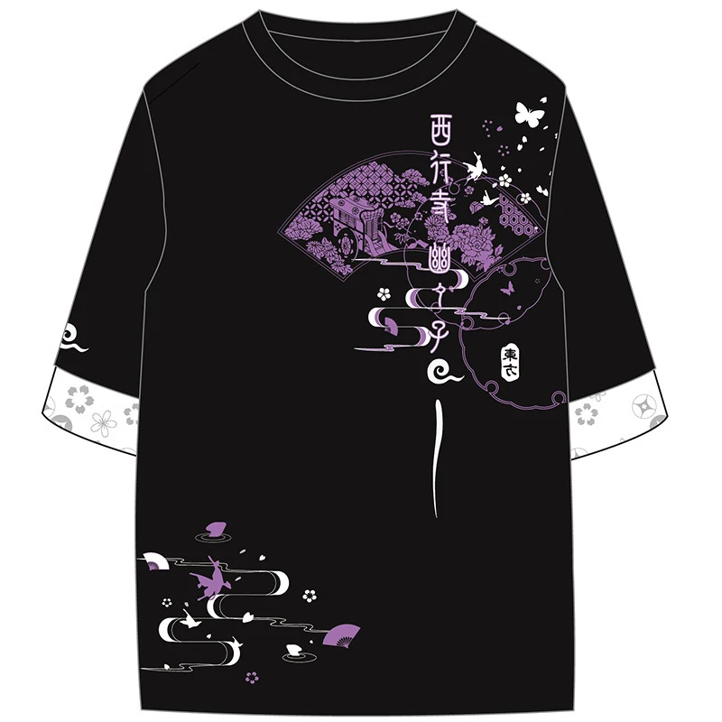 Крутая Аниме TouHou Проект Saigyouji Yuyuko Косплей Футболка Модные летние топы с короткими рукавами джинсовые шорты костюм для женщин и мужчин студентов