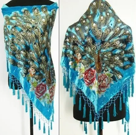 

2014 Fashion Black Scarf 100% Silk Velvet Pashmina Woman Triangle Shawl with Peacock Beads Free Shipping