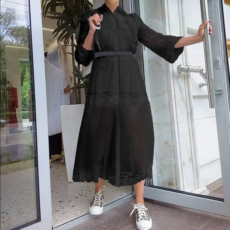Celmia модная обувь; прозрачная обувь с фатиновой юбкой кружевное длинное платье Для женщин Летнее пляжное платье Повседневное с длинным рукавом пикантные прозрачные вечерние платье 7 - Цвет: Черный