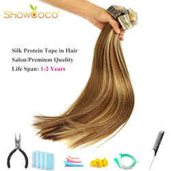 Showcoco Natural Tape Hair Extensions Virgin Remy 10A Salon One Donor Cuticle Aligned Protein Tape In Human Hair Extension