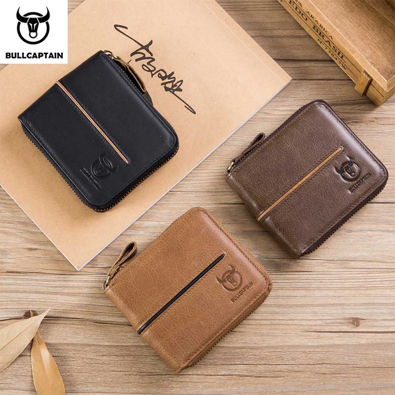 BULLCAPTAIN Genuine Leather Men's Wallet Vintage Zipper with Partition Clip RFID Credit Card Holder Burglar Leather Mini Wallet