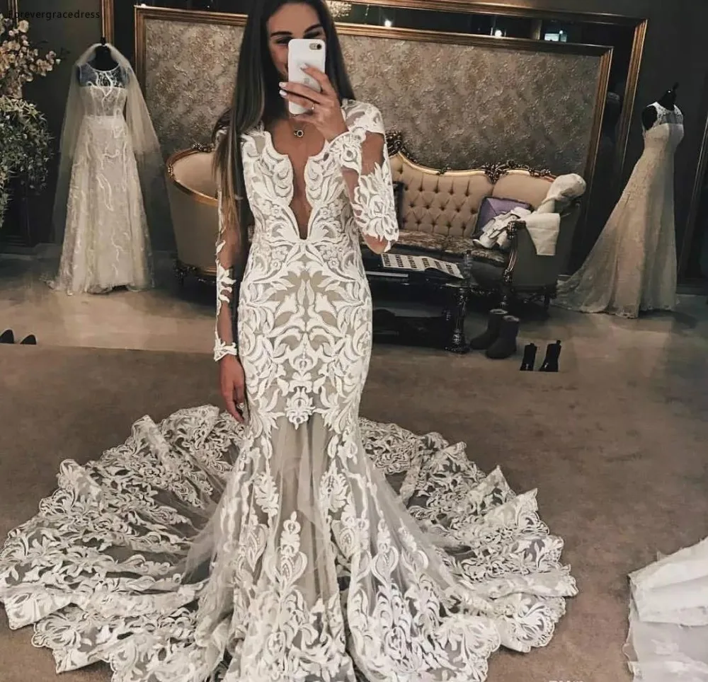 Gorgeous Mermaid Lace Wedding Dresses 2018 Sheer Long Sleeve V Neck Court Train Plus Size Wedding Bridal Gowns  188