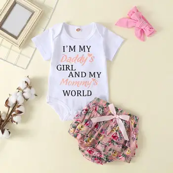 

Print 3pcs Baby Girls Clothes Set Short Sleeve Romper High-quality Soft Delicate Comfortable Floral Pleats Shorts Headdress Suit