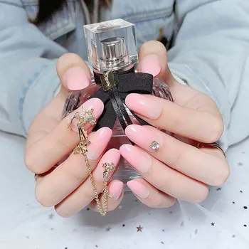 

24pcs/box new Design Pink color Fake Nails with glue with Gold 3D Pendant Star Chain Girls pre design acrylic nail tips press on