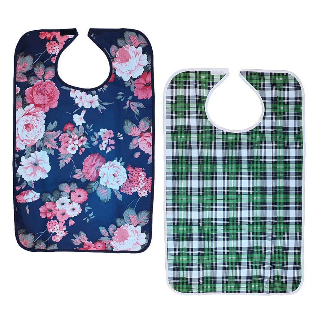 2 Pieces Adults Reusable Mealtime Bib Protector Disability Aid Aprons  Plaid Pattern