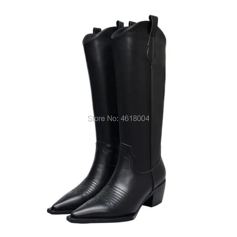KALMALL Zapatos de Mujer; ковбойские сапоги до колена; обувь в западном стиле; женские высокие сапоги с острым носком на не сужающемся книзу массивном каблуке; Botas Mujer