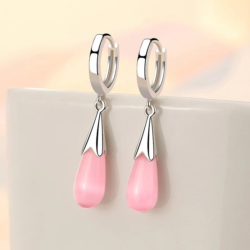 

Fashion 925 Silver Earrings Jewelry Water Drop Pink Cat Eye Stone Long Style Temperament Earrings for Female Wedding Party Gift