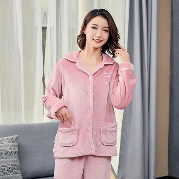 

Female Thickened Flannel Nightwear 2PCS Home Suit Warm Pajamas Set Soft Sleepwear Pajama Set Nightgown Casual Home Femme Pyjama