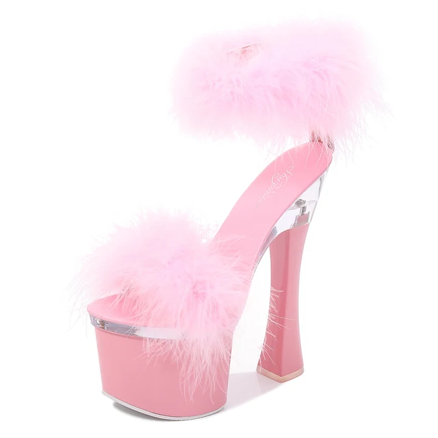 2020 New 4 Color Feather Thick High Heels Platform Sandals Women 14cm 17cm Heels Shoes Female Summer Hair Wedding Pumps WS311 Pink 17cm