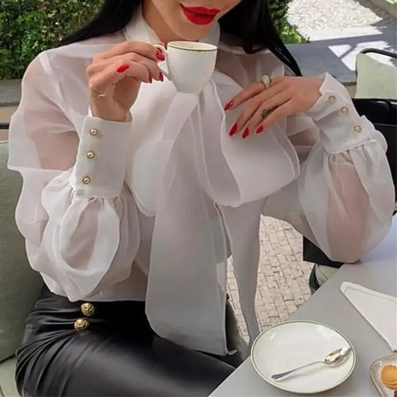 

Elegant Office Ladies Turtleneck Bowknot Mesh Blouse Shirt White Women Vintage Puff Long Sleeve Sexy Transparent Party Tops