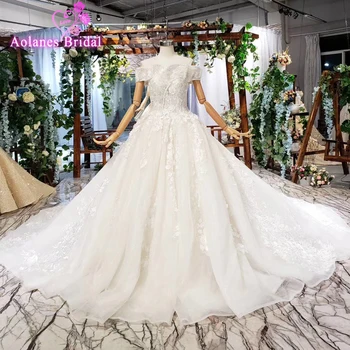 شراءالدانتيل الفاخرة الأميرة الكرة ثوب الزفاف مع ثوب نسائي بلورات الخرز الترتر يزين الزهور رداء دي ماري Princesse