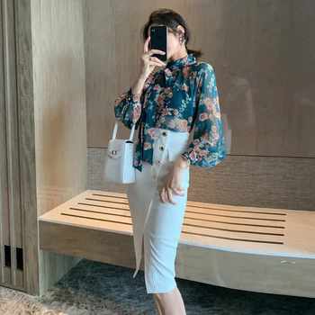 

New arrival elegant print fresh shirt and pencil skirt high quality work style spring office 2 pieces OL cute holiday women sets