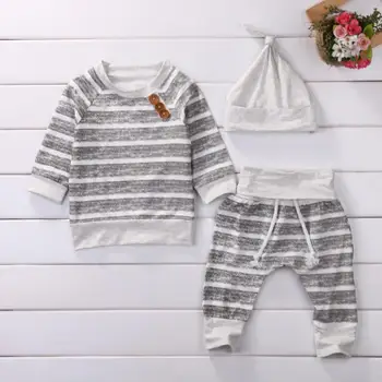 

New boys and girls baby suit cotton comfortable gray striped round neck shirt trousers of boys and girls set explosion models