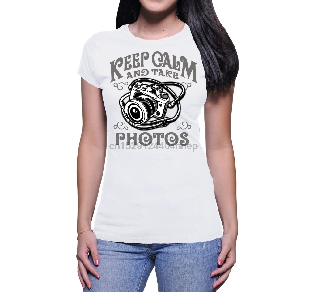 2019 Новая летняя облегающая футболка DONNA KEEP CALM AND TAKE PHOTOS ILLUSTRATION Женская Милая |
