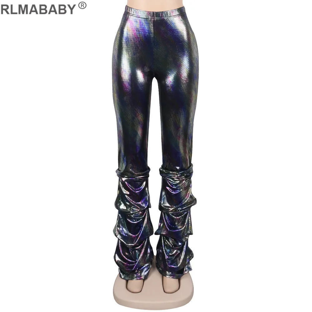Silver Black RLMABABY сексуальные блестящие брюки с высокой талией женские брюки осень зима плиссированные с рюшами повседневные женские брюки уличная одежда брюки в стиле хип-хоп - Цвет: Silver Black
