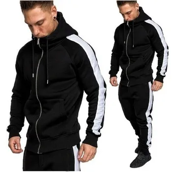 

2020 New Brand Men two Pieces Sets Tracksuit Autumn Winter Hooded Sweatshirt +Drawstring Pants Male Stripe Patchwork Hoodies