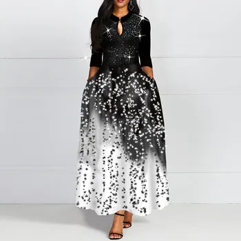 

Women Vintage Gradient Black Prom Dress Color Block Pocket A Line Sequins Party Long Dress Office Ladies Swing Retro Vestidos