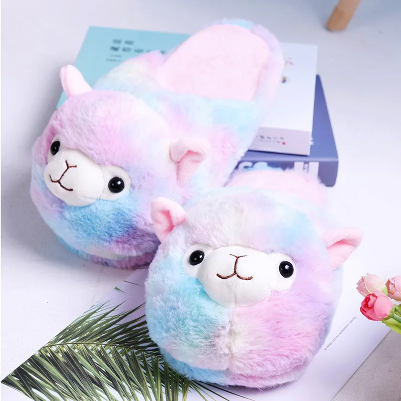 

Women's Winter Cartoon Animal Cotton Shoes Cute Pink Sheep Plush Slippers Woman Slides Warm Home Shoes Ladies Furry Flip Flops