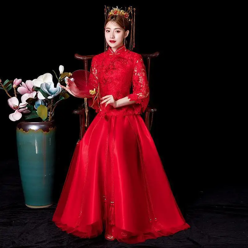 

2019 Top Fashion A-line Scoop Bridesmaid Toast The Bride Qipao 2020 New Xiuhe Under Wedding Chinese Style Dress Female Wind