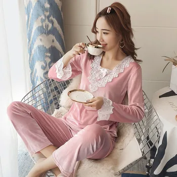 

Princess Cute Lace Gold Velvet V-neck Pajama Sets for Women 2020 Autumn Long Sleeve Sleepwear Homewear Pijama Mujer Home Clothes