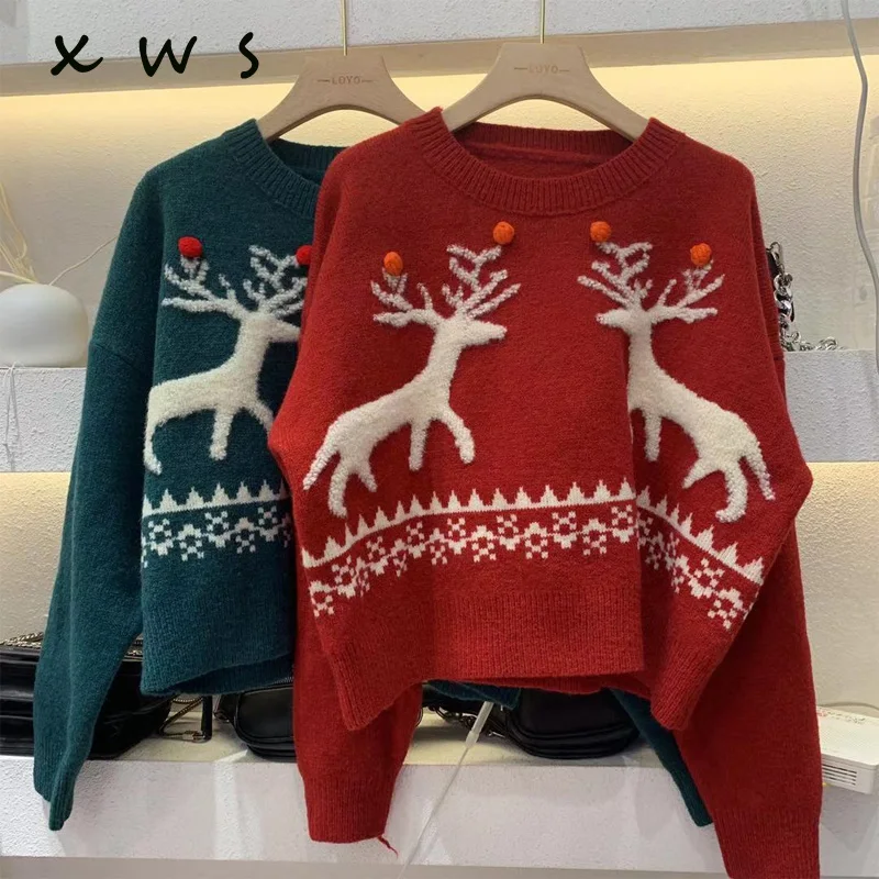 

Women Christmas Sweater and Pullovers Oneck Christmas Deer Winter Autumn Oversized Knit Jumpers Red Sweater pull Femme