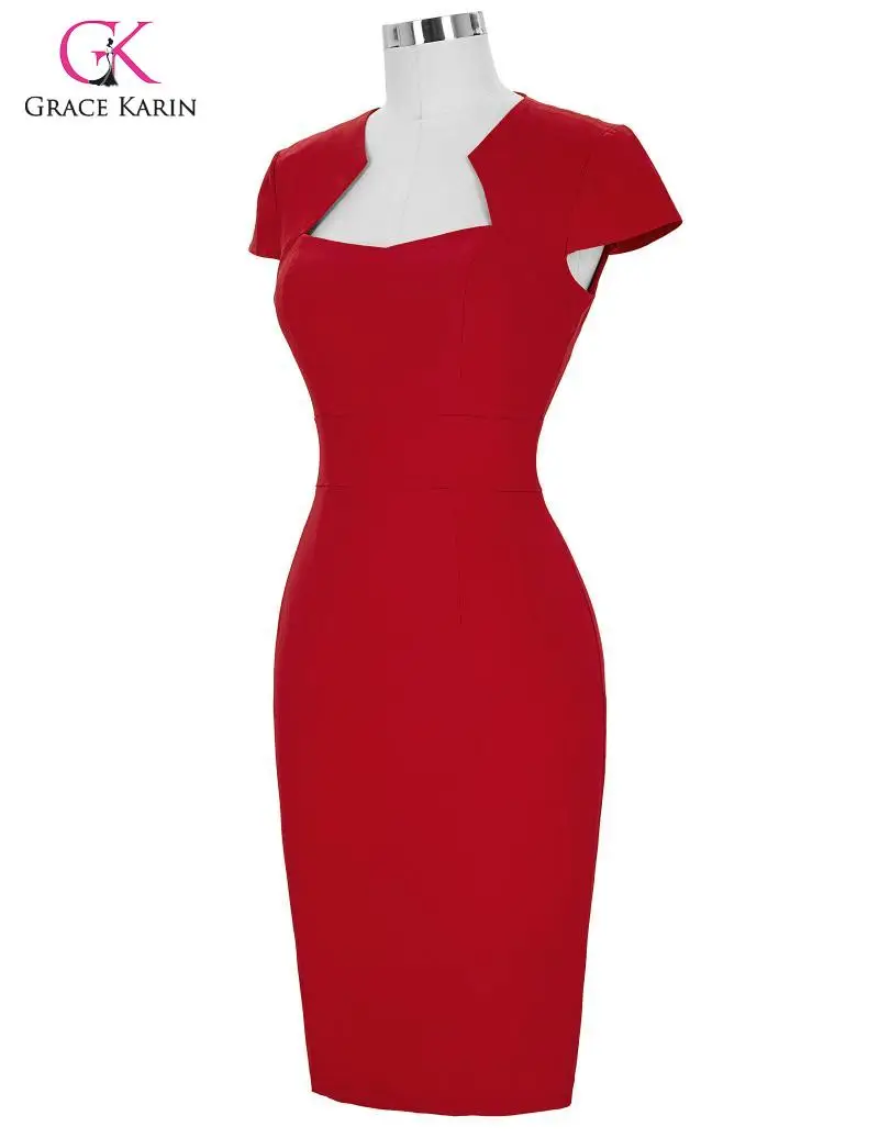 Grace Karin Elegant Women Formal Party Dress Cap Sleeve Hips-Wrapped Pencil Dress Office Lady Work Bodycon Red Dress Summer