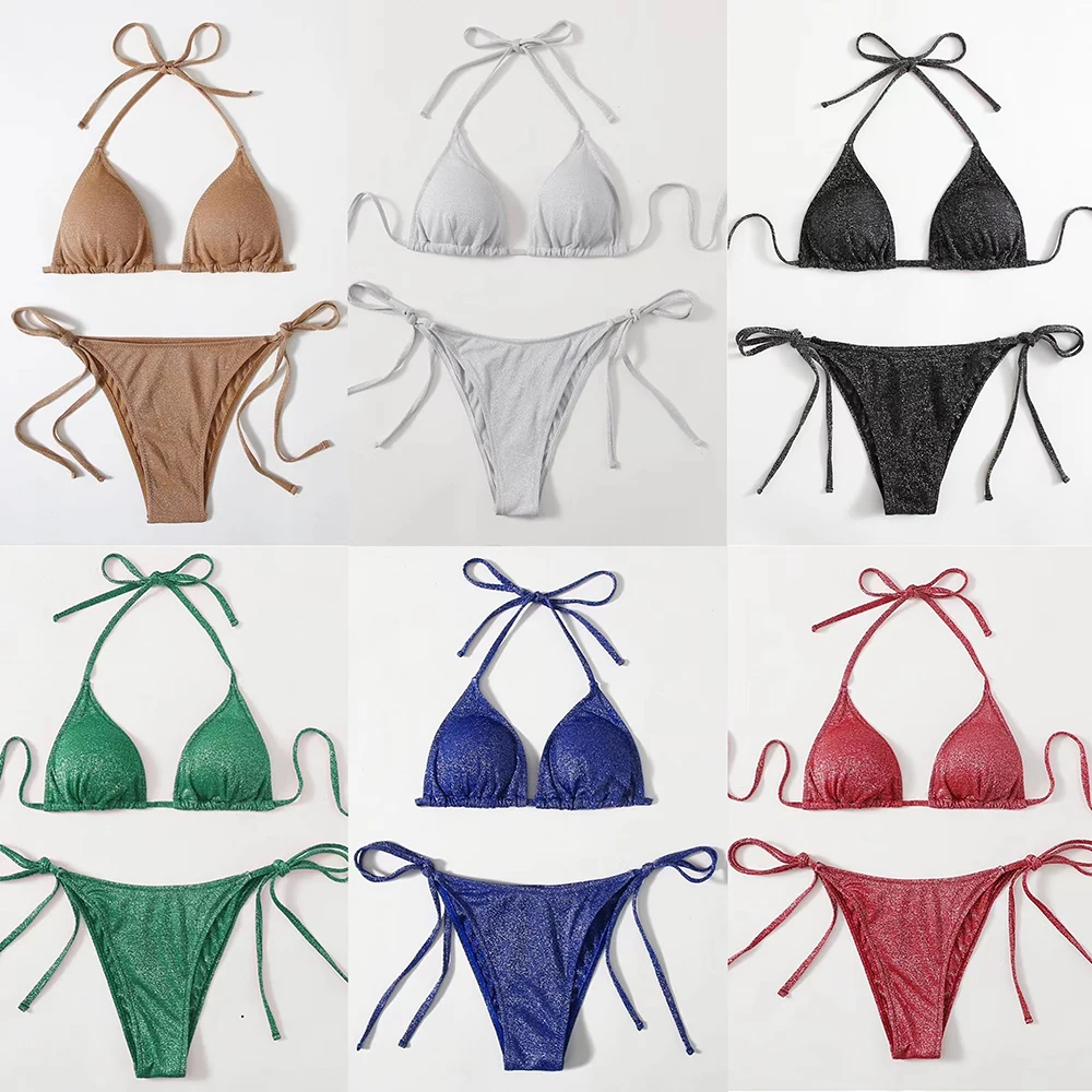 ZTVitality Shiny Bikinis Sexy Bikini 2021 New Arrival Halter Bandage Push Up Swimsuit Low Waist Swimwear Women Brazilian Biquini | Женская