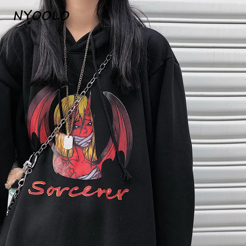 NYOOLO Harajuku, уличная одежда, с принтом ведьмы, теплые толстовки, Осень-зима, свободные, с капюшоном, плюс бархат, пуловер, Толстовка для женщин и мужчин - Цвет: Черный